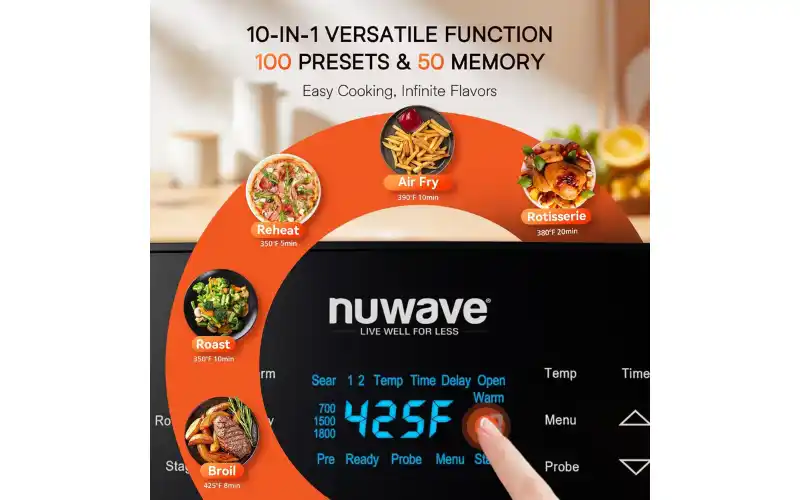 Close-up of Nuwave Brio 15.5Qt Air Fryer digital control panel with clearly labeled cooking functions and LED temperature display