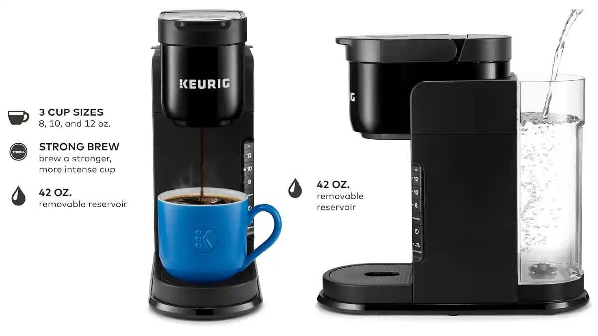 Keurig K-Express Single Serve K-Cup Pod Coffee Maker front view showing strong brew button, 3 cup sizes, and 42oz water reservoir