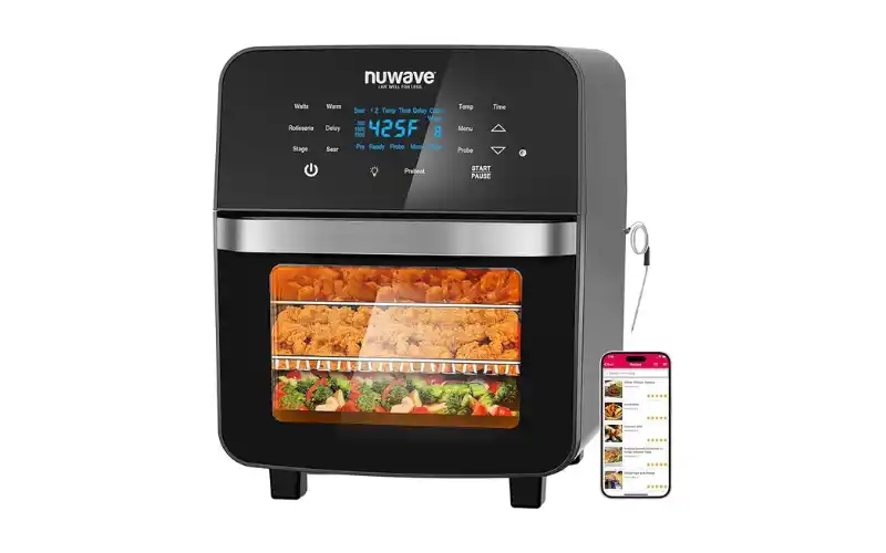 Nuwave Brio 15.5Qt 10-in-1 Air Fryer Oven with Accessories – Large Capacity, Digital Display, Black Model on Kitchen Counter. Nuwave Brio 15.5Qt Air Fryer