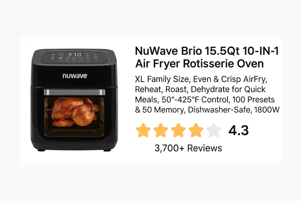 Customer review highlights for Nuwave Brio Air Fryer showing user satisfaction and critical feedback in quote-style graphic format