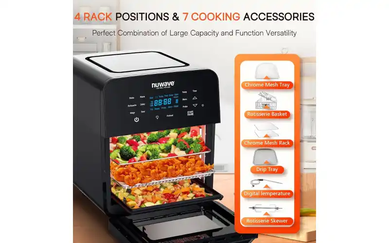 Unboxed view of Nuwave Brio 15.5Qt Air Fryer with included accessories such as racks, rotisserie kit, temp probe, and drip tray laid out on counter